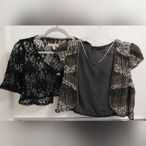 ZARA MNG Silver Gray Bead Sequin Black Lace Evening Bolero Jackets Tops lot of 2